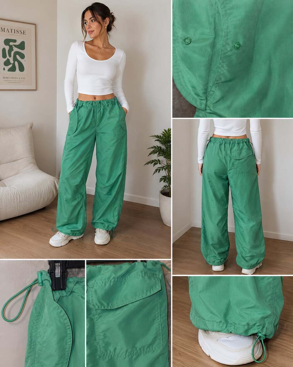 Super Massive Women's Green Baggy Parachute Drawstring Trousers